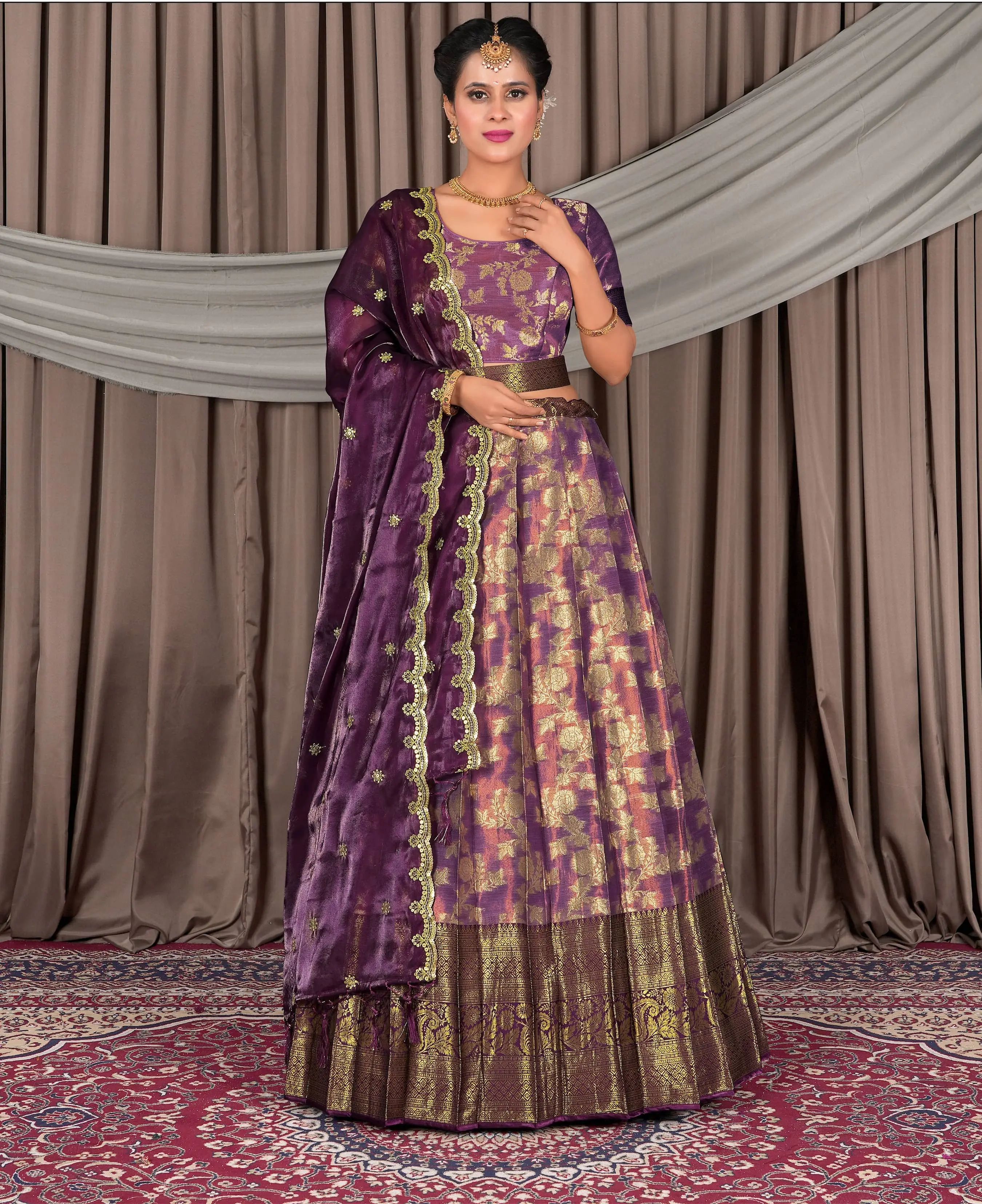 Majestic Purple Banarasi Lehenga with Embroidered Rangoli Dupatta